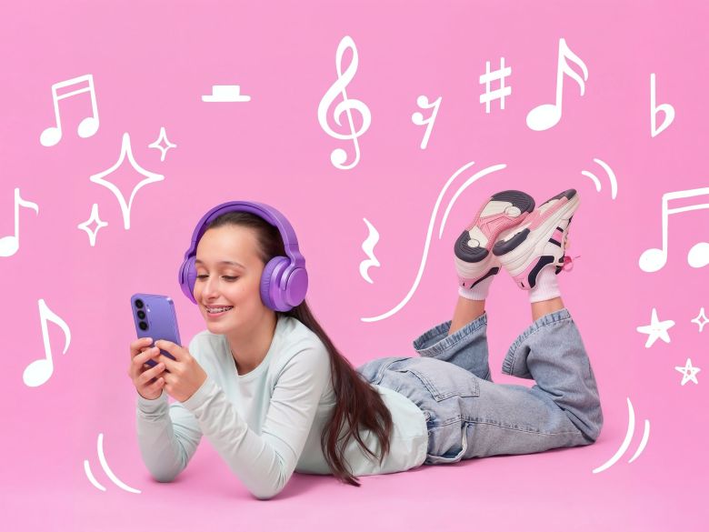 Child wearing purple headphones and using a smartphone against a pink background with musical notes