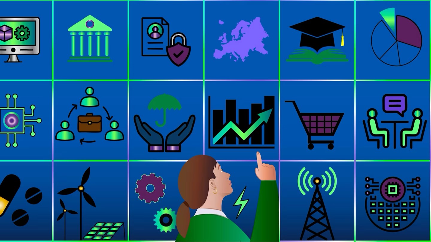 After the AI Deck: A 100-Day Plan to Make AI Change the Number Illustration of a woman pointing at a grid of business and technology icons on a blue background